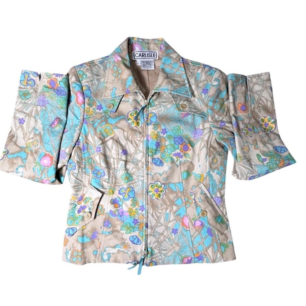 Carlisle Floral Print Zip Front Jacket‎ Blazer Tan Teal Purple Size 6